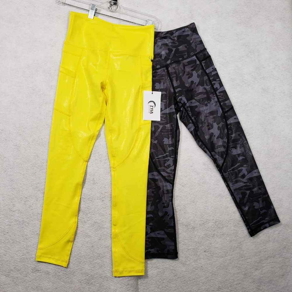2pc lot Zyia Metallic Light n Tight Hi-Rise 7/8 24" Leggings Size 2, Yellow/Camo